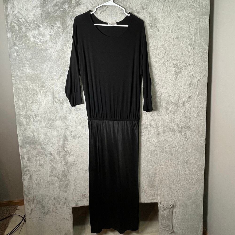 Michael Stars Nadia Mixed Fabric Satin Dress Small Black Midi Long Sleeve
